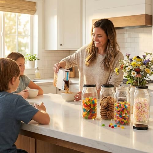 novelinks 64 oz Large Plastic Mason Jars with Airtight Lids Wide Mouth | 4 Pack, Black, Storage Jars with Airtight Lids, Mason Jars 64oz, Big Jars Wide Mouth, Plastic Storage Containers for Pantry - color: Black