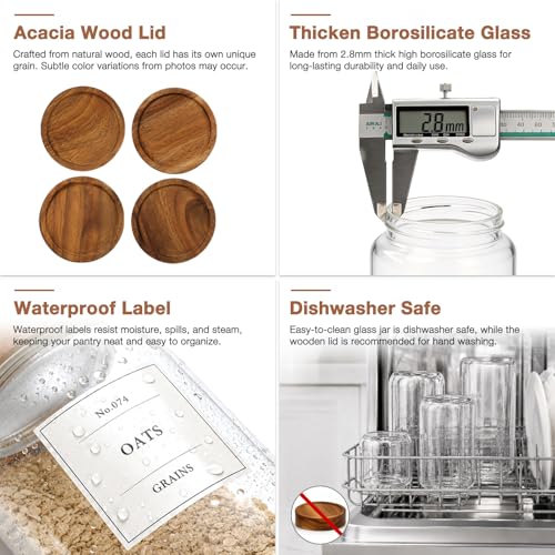 CONNOO 28oz Glass Storage Jars with Wood Lids (6-Pack) – Includes 120 Pre-Printed Waterproof White Kitchen Labels – Airtight Pantry Containers for Rolled Oats, Pasta & Cereals - size: cylindrical/28oz/6pcs