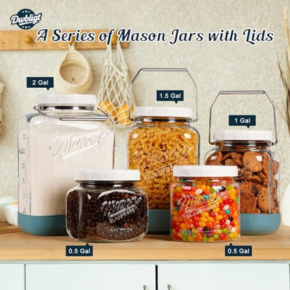 2 Pack 2 Gallon Glass Jar with Airtight Lid, 256 Oz Large Wide Mouth Mason Jar with Non-slip Base & Stainless Steel Handle - Glass Food Storage Containers for Flour, Cereals, Rice and Picking