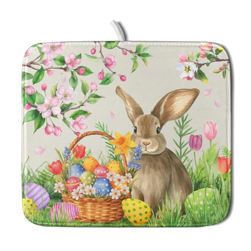Easter Bunny Colorful Eggs Dish Drying Mat for Kitchen Counter,Spring Flowers Green Grass Drying Mat 16 x 18 Inch with High Absorbent Microfiber Drainer Mat for Coffee Bar - color: Eggs, size: 16" x 18"