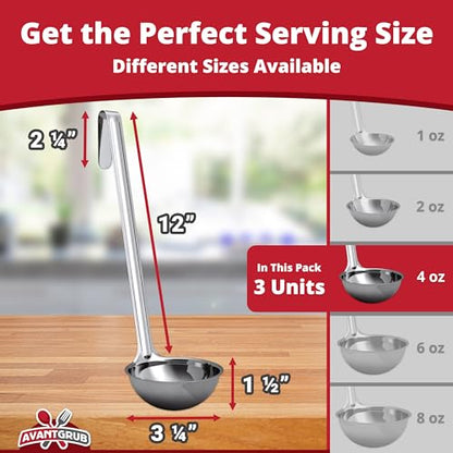 Super Sturdy, Ergonomic 4 Oz. Soup Ladle 3 Pk. Stainless Steel Ladles with Long Handles. Best Kitchen Accessories for Stirring, Portioning and Serving Soups, Chili and Stew in Restaurants and at Home - size: 4oz-3pk