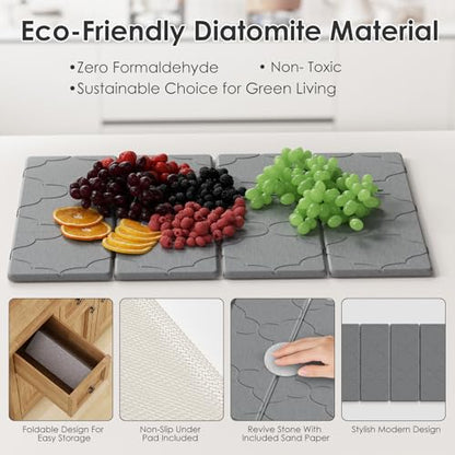 3 PCS Large Stone Dish Drying Mat for Kitchen Counter -24"x16" Absorbent Diatomaceous Earth Mat with Stone Faucet Mat & Soap Tray - Quick Dry, Collapsible, Non-Slip Countertop Organizer - color: Lantern carved patterns