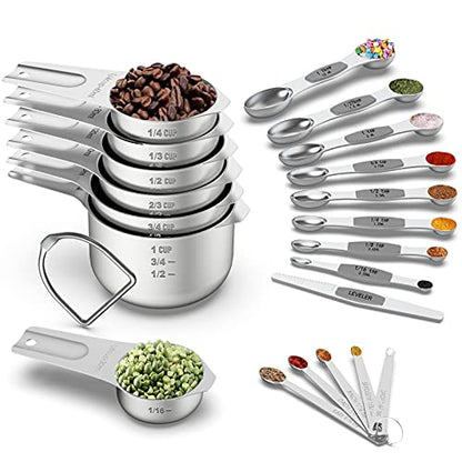 Measuring Cups and Magnetic Measuring Spoons Set, Wildone Stainless Steel 7 Measuring Cups, 8 Double Sided Stackable Magnetic Measuring Spoons, 1 Leveler & 5 Mini Spoons - 21 Piece - color: Silver