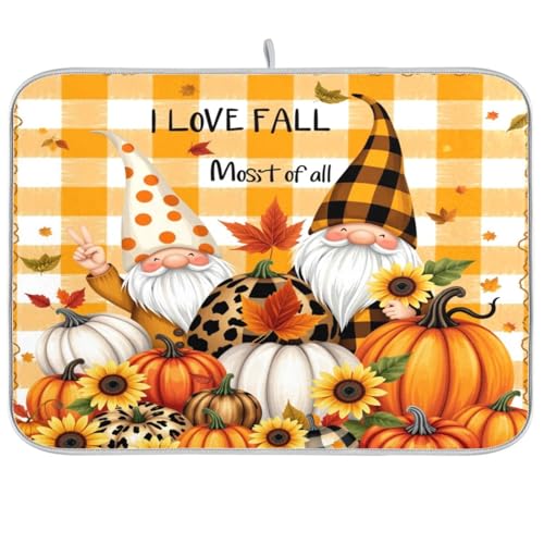 Kcldeci Autumn Fall Gnome Dish Drying Mat Kitchen Drying Pad Sunflower Pumpkin Dish Draining Mat Dish Rack Drainer Pad 18 x 24 - color: A05, size: 18x24in