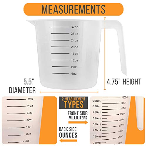 U.S. Kitchen Supply Plastic Measuring Cups with Handles - 32 oz (1000 ml) Liquid Measuring Cup Set of 6 - Clear Microwave Safe Kitchen Cups - Measure in mL or Ounces, Measurement Cup for Cooking - size: 32-Ounce