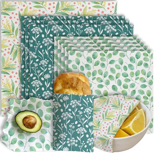 Reusable Beeswax Wraps, Leaves & Flowers Wraps, 9 Pack Eco-Friendly Food Storage, Organic Cotton, Sustainable, Zero Waste, Plastic-Free, Sandwich, Snack, Bowl Covers, 1XL, 3M, 5S - color: Green Botanical3