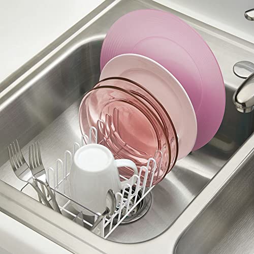 mDesign Kitchen Sink Dish Drainer – Small Metal and Plastic Dish Rack for Kitchen Sink – Dish Drying Rack with Drip Tray for Plates and Cutlery Basket – White/Clear - color: White/Clear