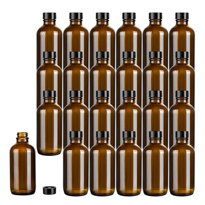 Restaurantware Vetri 4 Ounce Boston Glass Bottles, 24 Sample Bottles With Black Phenolic Caps - Dishwashable, Round, Amber Glass Bottle, For Potion, Juice, Ginger Shots, Whiskey, Liquids - color: Amber, size: 4 oz
