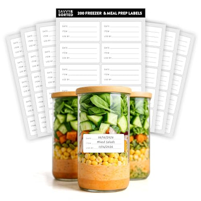 200 Meal Prep Freezer Food Labels - 2.75 x 1.25 Inch Freezer Tape Labels for Food Containers to Write On, Removable Easy Peel Off, Kitchen Pantry Storage Stickers, Oil Water Resistant - style: White Freezer Labels
