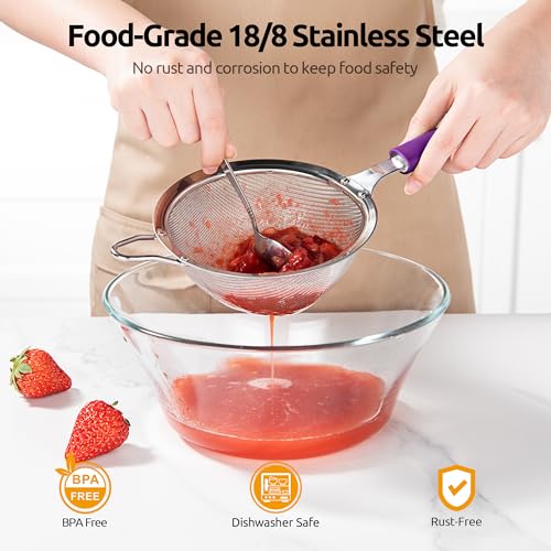 U-Taste Medium Fine Mesh Strainer: 18/8 Stainless Steel 4.73in 30 Mesh Kitchen Food Sieve with Sturdy Riveted Silicone Handle, Heavy Duty Deep Handheld Metal Colander for Rice, Quinoa, Flour (Purple) - color: (5) Purple, size: M-4.73in