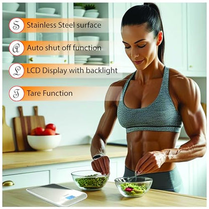 Digital Kitchen Food Scale Kit. Grams, Pounds, Ounces(6 Units) for Healthy Baking, Cooking and Meal Prep, 11lb(Batteries Included). 100g Calibration Weight. TSP/Tbsp Measuring Spoon.