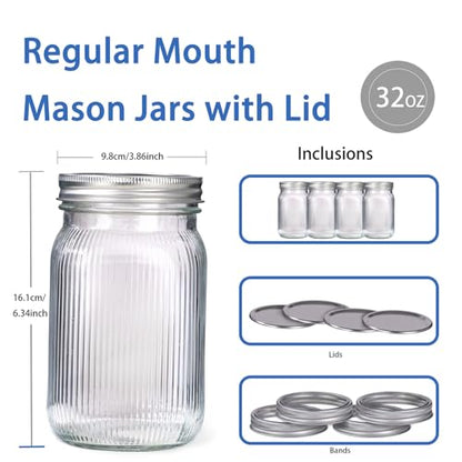 WELLIFE 6 Pcs Wide Mouth Mason Jars 32 OZ,Large Mason Jars for Food Storage, Overnight Oats,Honey,Sauces,Meal Prep,Salad,Yogurt - color: Clear Stripe Mason Jars 32oz-6Pcs