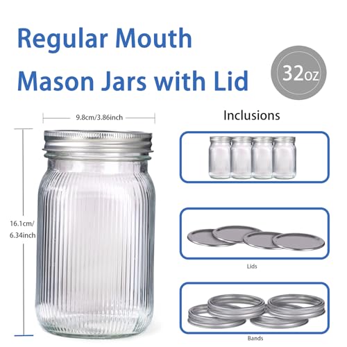 LUODA MirthMood 32 OZ Wide Mouth Mason Jars, 6 PACK Glass Mason Jars with airtight Lids, Quart mason jars wide mouth for Fermenting, Pickling, Freezing, Preserving, Meal Prep, Jar Décor