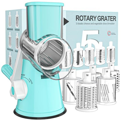 Cambom Rotary Cheese Grater Hand Crank Cheese Shredder for Fresh Cheese, Vegetable, Nuts,Non-slip Suction Base, Five Blades, Blue - color: Blue, size: 5 BLADES