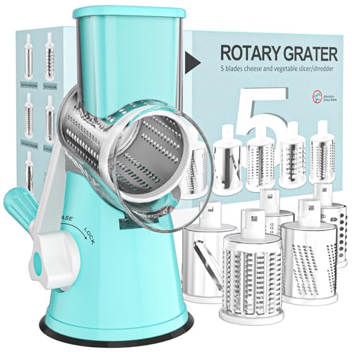Cambom Rotary Cheese Grater Hand Crank Cheese Shredder for Fresh Cheese, Vegetable, Nuts,Non-slip Suction Base, Five Blades, Blue - color: Blue, size: 5 BLADES