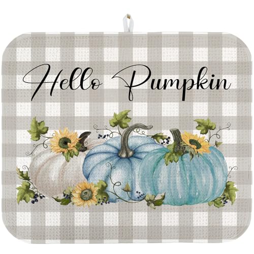 Quick Absorbent Kitchen Drying Mat - Stylish Patterns Fall Dish Drying Mat- 16×18 Inch & 18×24 Inch Pumpkin Kitchen Drainer Mat for Countertops, Dishes & Glassware - color: blue-pumpkin, size: 18"x24"