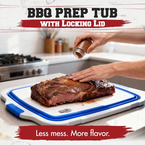 KITCHEN PERFECTION Collapsible XL Smoker & BBQ Prep Tub with Locking Lid & Cutting Board - Grill Caddy Container for Meat Marinating & Brine Perfect For Brisket, Turkey & Ribs - Best Gift For Men - color: Classic Blue