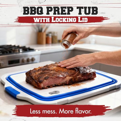 KITCHEN PERFECTION Collapsible XL Smoker & BBQ Prep Tub with Locking Lid & Cutting Board - Grill Caddy Container for Meat Marinating & Brine Perfect For Brisket, Turkey & Ribs - Best Gift For Men - color: Classic Blue