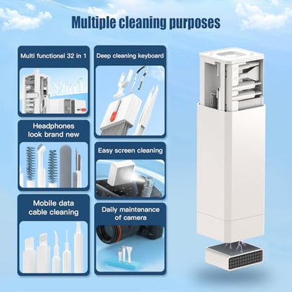 Keyboard Cleaning Kit Laptop Cleaner, 32-in-1 Computer Screen Cleaning Brush Tool, Multi-Function PC Electronic Cleaner Kit for iPad iPhone Pro, Earbuds, Camera Monitor(White) - color: White1