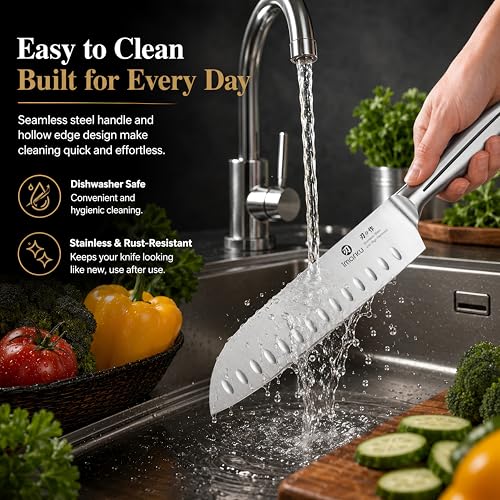 imarku Chef Knife Ultra Sharp Santoku Knife 7 Inch, High Carbon Stainless Steel Japanese Kitchen Knife with Hollow Edge | Seamless Ergonomic Handle, Gift Box for Meat/Vegetables/Tomatoes & Daily Prep - color: Brushed Silver