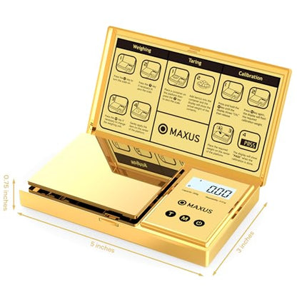 MAXUS Digital Gram Scale with 200g x 0.01g Capacity, Stylish Gold Plated Cover and Platform for Accurate and Precise Weighing of Jewelry, Grains, and Food in Grams and Ounces - color: Gold