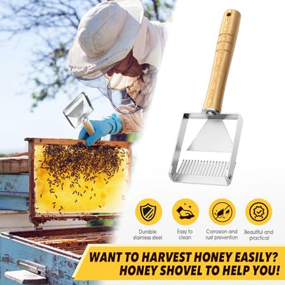 2-in-1 Honey Uncapping Fork & Scraper Tool Stainless Steel Beekeeping Equipment with Wooden Handle Adjustable Tine Spacing for Bee Hive Honeycomb Harvesting