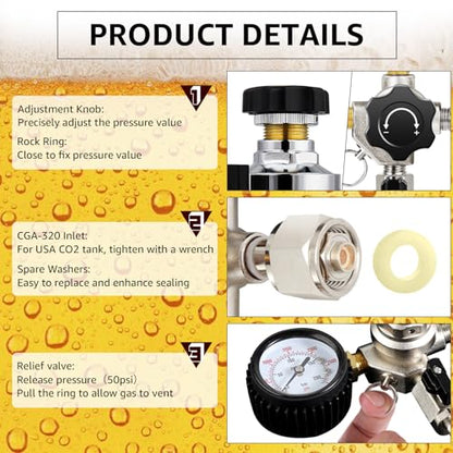 MRbrew CO2 Regulator Dual Output CGA-320 Keg Regulator Draft Beer Regulator | Quick Disconnect Threaded End Fitting with 2 Swivel Nut Barb-1/4’’ Barb & 5/16’’ Barb, CO2 Tank Pressure Regulator