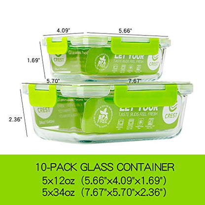 C CREST Glass Containers for Food Storage with Lids, [10-Pack] Meal Prep Containers for Kitchen, Home Use, BPA Free - color: Green