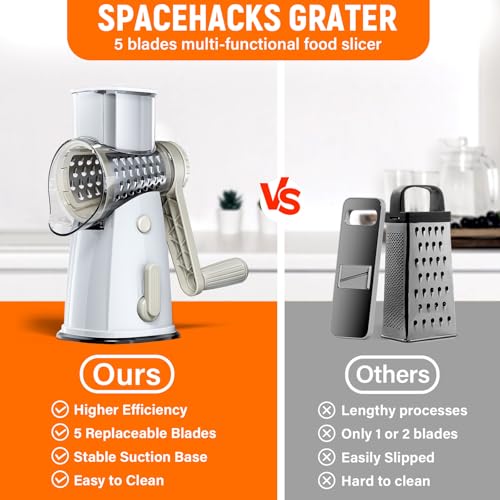 Rotary Cheese Grater Hand Crank with 5 Interchangeable Blades, Vegetable Slicer Chopper for Fruit Vegetable Nuts, Mandoline Slicer for Kitchen with Blades Rack & Suction Base, White - color: White
