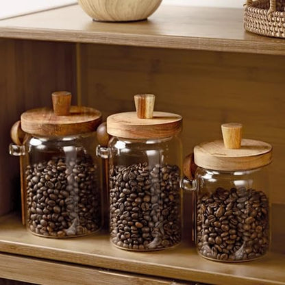 ANSQU Glass Jars with Wooden Lids and Spoons (13.5oz/20.3oz/27oz), Set of 3 Glass Food Storage Containers Coffee Jar Coffee Grounds Container, Glass Food Storage Canisters - size: 13.5oz/20.3oz/27oz-3pack (φ3.54")