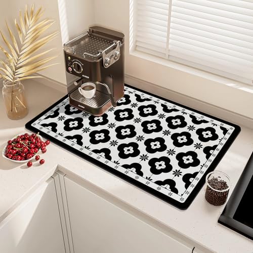 Coffee Mat Dish Drying Mat Hide Stain High Absorbent Bar Mat for Countertops Easy Clean,Fit Under Coffee Maker Machine And Accessories-16"x24",Black Flower - color: Black Fower, size: 24" x 16"