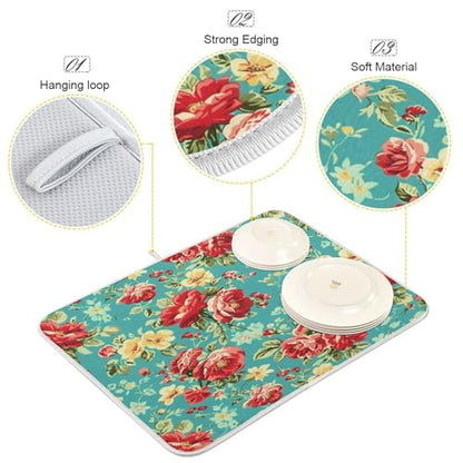 Kcldeci Dish Drying Mat Kitchen Drying Pad Pink Red Rose Flower Dish Draining Mat Dish Rack Drainer Pad 16 x 18 - color: Rose, size: 16x18in