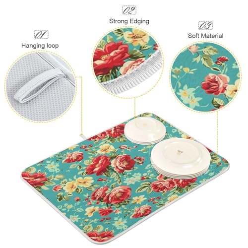 Kcldeci Dish Drying Mat Kitchen Drying Pad Pink Red Rose Flower Dish Draining Mat Dish Rack Drainer Pad 18 x 24 - color: Rose, size: 18x24in