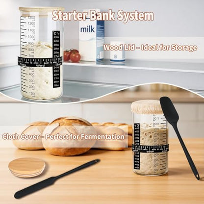 Extra Large Sourdough Starter Jar Kit, 48 Oz Wide Mouth Thickened Glass Container With Date Marked Band, Thermometer, Cloth Cover , Bamboo Lid And Scrape,Sourdough Bread Baking Supplies (2 Pcs)