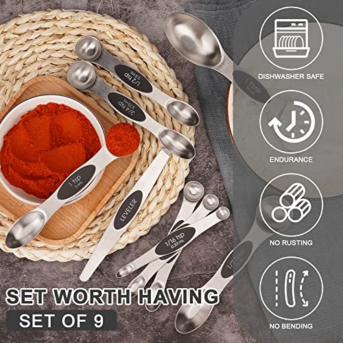 Aovchei 9 PCS Magnetic Measuring Spoons Set, Dual Sided, Stainless Steel Small Tablespoon, Teaspoons, Fits in Spice Jars, for Dry and Liquid, Black - size: 9pcs-black