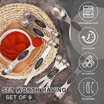 Aovchei 9 PCS Magnetic Measuring Spoons Set, Dual Sided, Stainless Steel Small Tablespoon, Teaspoons, Fits in Spice Jars, for Dry and Liquid, Black - size: 9pcs-black