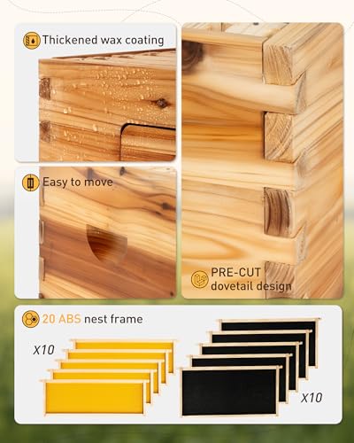 Bee Hive 10 Frame Bee Box Starter Kit, Beeswax Coated Bee Hives | 1 Deep + 1 Medium Langstroth Beehive Kit, Beekeeping Supplies with Transparent Plastic Window and Queen Excluder - size: 1Deep+1Madium Bee Box