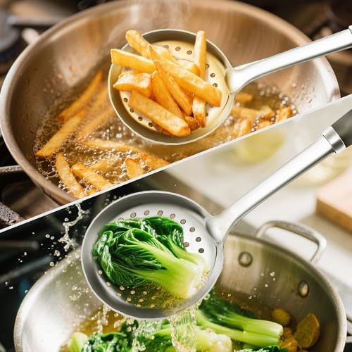 18/0 Stainless Steel Spaghetti Spoon & Slotted Spoon for Cooking, Heavy Duty Frying Spoon Pasta Strainer Skimmer, Cooking Utensils Commercial and Residential Use, Pack of 2 - size: Pasta Server & Slotted Skimmer