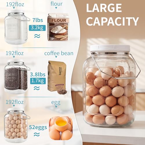 FavorFlavor Glass Jar with Airtight Lid: 2 Pack 1.5 Gallon Wide Mouth Mason Jars with Handles & Non-slip Bases, Large Food Storage Containers with 2 Measurement Mark for Kitchen, Flour, Candy, Cookie