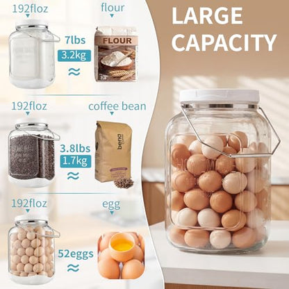 FavorFlavor Glass Jar with Airtight Lid: 2 Pack 1.5 Gallon Wide Mouth Mason Jars with Handles & Non-slip Bases, Large Food Storage Containers with 2 Measurement Mark for Kitchen, Flour, Candy, Cookie