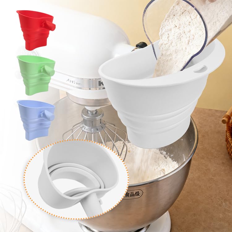 Flour Funnel for Kitchen Aid&Cream Scraper Set, Silicone Food-Grade | Stand Mixer | Leak-Proof Large Capacity Collapsible Design (White, Extended * 2 + Cream Scraper Set) - color: White, size: Extended * 2 + cream scraper set