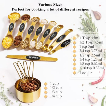 13pcs Gold Stainless Steel Measuring Cups and Spoons Set, Including 8 Double-Sided Magnetic Measuring Spoons Set & 1 Leveler, 4 Metal Measuring Cups, Kitchen Accessroies for Cooking & Baking - color: Gold