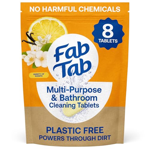 Fab Tab Multi-Purpose & Bathroom Cleaner Refill Tablets - Natural Cleaning Products - All-Purpose Cleaner Tablets - Plant-Based - No Harsh Chemicals - 8x 16.9 Fl oz Bottles (Bottles Not Included)