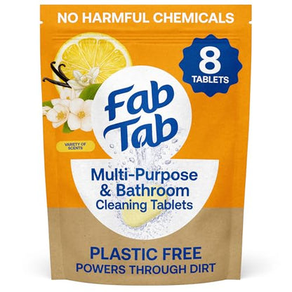 Fab Tab Multi-Purpose & Bathroom Cleaner Refill Tablets - Natural Cleaning Products - All-Purpose Cleaner Tablets - Plant-Based - No Harsh Chemicals - 8x 16.9 Fl oz Bottles (Bottles Not Included)