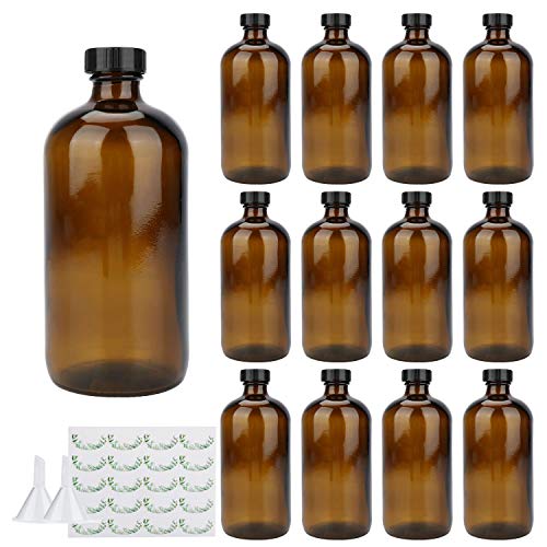 Maredash 16oz Glass Bottles, 12 Pack amber Glass Storage Bottles Sets with Lids,Amber Glass Bottle,Brown glass bottles