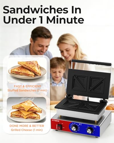 Commercial Sandwich Press, 110V Electric Sandwich Maker w/Adjustable Temp 0–550°F & Timer, Stainless Steel Panini Press Sandwich Maker w/Non-Stick Plates, Makes 2 Grilled Cheese Sandwiches - style: 4 slice