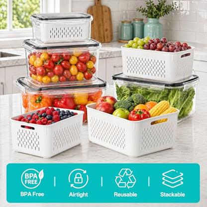 HOMETALL 8 Pack Fruit Storage Containers for Fridge with Strainer, BPA Free Fruit Cleaning Bowl Fridge Organizer, Plastic Fresh Keeper Set Refrigerator Organizer for Salad Berry Produce - size: 8PCS