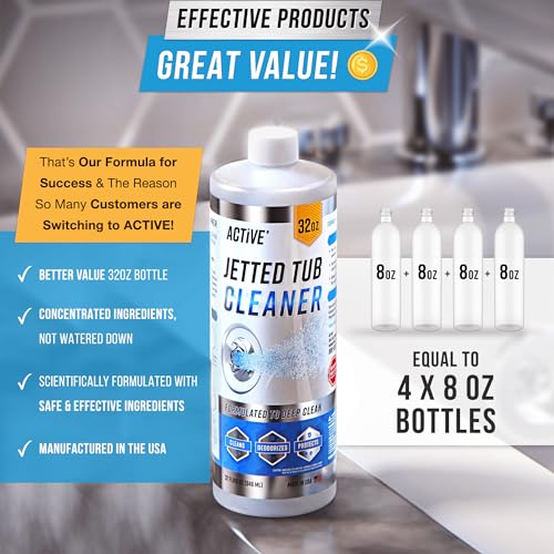 ACTIVE Jetted Tub Cleaner Bathtub Cleaning - 32oz (8 Uses) Bath Jet Cleaner For Whirlpool & Spa Bath System, Compatible with Jacuzzi Jets, Whirl Tubs, Professional Septic Safe Solution - Made in USA - style: 32oz Liquid