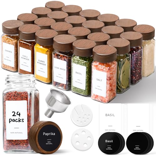 ComSaf 24Pcs (4Oz) Glass Spice Jars with Label, Airtight Seasoning Containers with Lid for Home Cooks to Organizing Herbs, Sugar, Pepper, Salt, Glass Spice Bottles Organize Cabinet & Drawer - size: 4Oz*24