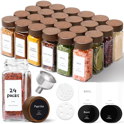 ComSaf 24Pcs (4Oz) Glass Spice Jars with Label, Airtight Seasoning Containers with Lid for Home Cooks to Organizing Herbs, Sugar, Pepper, Salt, Glass Spice Bottles Organize Cabinet & Drawer - size: 4Oz*24